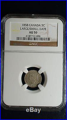 1858 Canada Five Cents NGC AU50 Large Over Small Date Silver Victoria Coin 5c 5