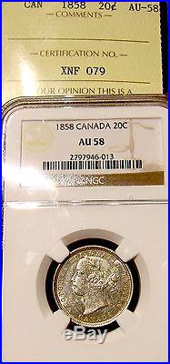 1858 Canada Victoria 20 Cents Silver ICCS NGC AU-58 UNC cross over