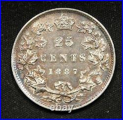 1887 Canada 25 Cents Silver. Rare Key Date. EF attracively toned