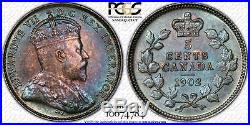 1902 Canada Silver 5 Cents, Pcgs Ms-64 Blue/red/green Toning, Uncirculated