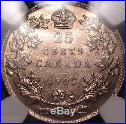 1907 Canada Silver 25 Cents Quarter Certified Ms-62 Ngc Uncirculated