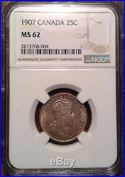 1907 Canada Silver 25 Cents Quarter Certified Ms-62 Ngc Uncirculated