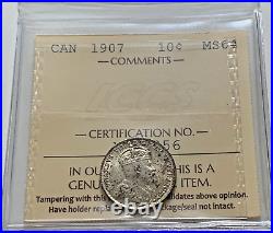 1907 Canada Silver Ten Cents ICCS MS-64 Light Toning Nice Condition