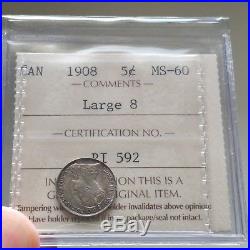 1908 Canada Silver 5 Cents Coin ICCS MS-60 Large 8 Old ICCS 2 Letter Holder