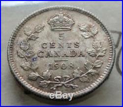 1908 Canada Silver 5 Cents Coin ICCS MS-60 Large 8 Old ICCS 2 Letter Holder