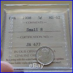 1908 Canada Silver 5 Cents Coin ICCS MS-62 Small 8 Old ICCS 2 Letter $200 BV