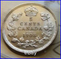 1908 Canada Silver 5 Cents Coin ICCS MS-62 Small 8 Old ICCS 2 Letter $200 BV