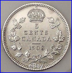 1908 Canada Silver 5 Cents Coin RARE LARGE 8 UNCIRCULATED #coinsofcanada