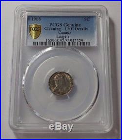 1908 (Large 8) Canada Silver 5 Cents PCGS UNC Details Cleaning