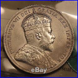 1909 Canada Silver 25 Cents ICCS MS-60 Uncirculated King Edward VII Quarter