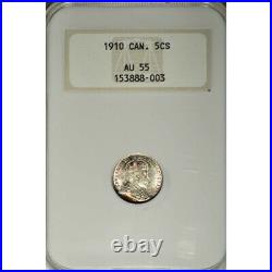 1910 CANADA SILVER 5 CENTS ROUND LEAVES/BOW TIE -NGC AU 55 SCARCE! -d184dutsc2