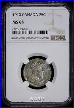 1910 Canada Silver 25c NGC MS 64 Light Sea Toning