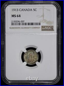 1913 Canada 5c NGC MS 64 Magenta with Blue Toning