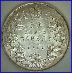 1916 Canada Silver 50 Cent Coin Almost Uncirculated George V Ruler 50c Canadian