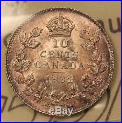 1932 Canada Silver 10 Cents MS-64 ICCS Near Gem Uncirculated, toned. BV $425