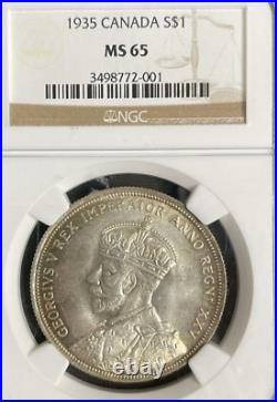 1935 S$1 Silver Dollar George-v Canada Gem-bu Ngc Ms65 Rarity R4 255/66 Low Pop