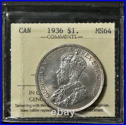 1936 Canada $1 Dollar ICCS MS64 Blast White Silver #16788