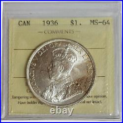 1936 Canada $1 Silver Dollar Graded ICCS MS-64