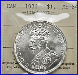 1936 Canada $1 Silver Dollar ICCS graded MS-64