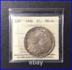 1936 Canada $1 Silver Dollar MS64 Graded and Certified by ICCS as MS64