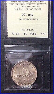 1936 Canada $1 Silver Dollar MS64 Graded and Certified by ICCS as MS64