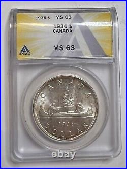 1936 Canada 80% Silver Dollar $1 ANACS MS 63