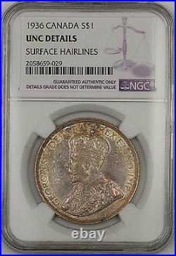 1936 Canada Silver $1 Dollar Coin NGC UNC Details Surface Hairlines
