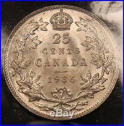 1936 Canada Silver 25 cents MS-64 ICCS Blast White, Near Gem Uncirculated Coin