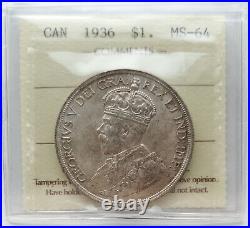 1936 Canada Silver Dollar Iccs Certified Ms64 1 Dollar Coin