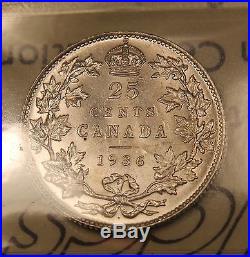 1936 DOT Canada Silver 25 Cents ICCS MS-62 Uncirculated. Very scarce this nice