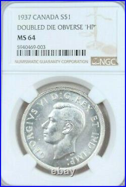 1937 Canada Silver 1 Dollar Doubled Die HP Ngc Ms 64 Scarce Variety Top Pop 1