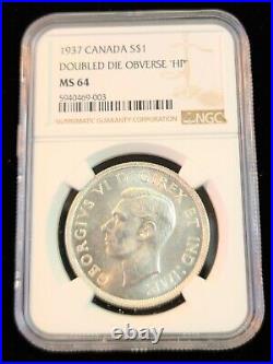 1937 Canada Silver 1 Dollar Doubled Die HP Ngc Ms 64 Scarce Variety Top Pop 1