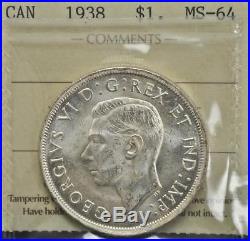 1938 Canada $1 Silver Dollar ICCS graded MS-64