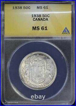 1938 Canada Silver 50c ANACS MS61 (BU Uncirculated) George VI KM#36