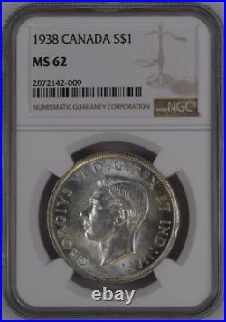 1938 Key-date Silver Dollar George VI S1$ Canada Km# 37 Ngc Ms-62 Rare R5