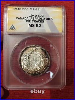 1940 Canada Silver 50C Abraided Dies/Die Cracks Scarce Variety ANACS MS62