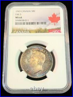 1943 Canada Silver 50 Cents Far 3 Ngc Ms 64 Absolutely Stunning Color Toning