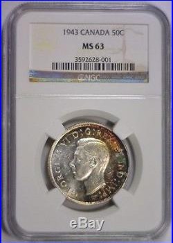 1943 Silver Fifty Cent 50c CANADA Canadian Half Color Toned NGC MS63 MS 63