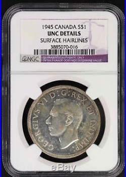 1945 Canada Silver Dollar NGC UNC Details Surface Hairlines -134173