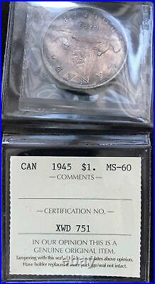 1945 Canadian Silver Dollar ICCS MS-60