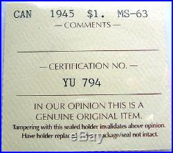 1945 Silver Dollar Certified Choice MS BU Beautiful RARE Date KEY Canada $1.00