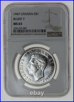 1947 $1 Canada Silver Dollar Blunt 7 Ngc Ms63