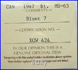 1947 BLUNT 7 Silver Dollar Certified MS BU RARE Date KEY George VI Canada $1.00