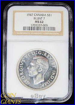 1947 Blunt 7 Canada Silver Dollar $1 George VI NGC MS 62 Uncirculated BU