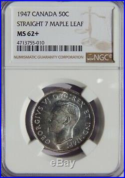 1947 Canada Silver 50 Cents Straight 7 Maple Leaf NGC MS-62+