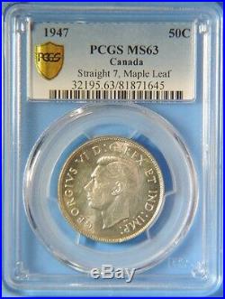 1947 Canada Silver Half Dollar Rare Straight 7 Maple Leaf Variety Coin PCGS MS63