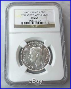 1947 Maple Leaf Straight 7 Canada Silver 50 Cents Graded NGC MS64 KM#36 RARE