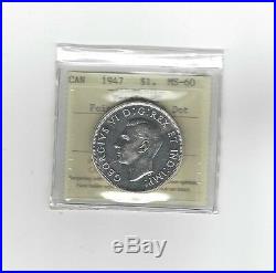 1947 Ptd 7 / DOT, 3XHP ICCS Graded Canadian Silver Dollar MS-60