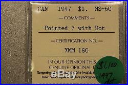1947 dot Canada Silver Dollar ICCS MS60 Uncirculated Rare Key Date Coin