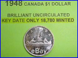 1948 CANADA $1 DOLLAR SILVER COIN BRILLIANT UNCIRCULATED KEY DATE 18,780 MINTED 1948 CANADA $1 DOLLAR SILVER COIN BRILLIANT UNCIRCULATED KEY DATE 18,780 MINTED